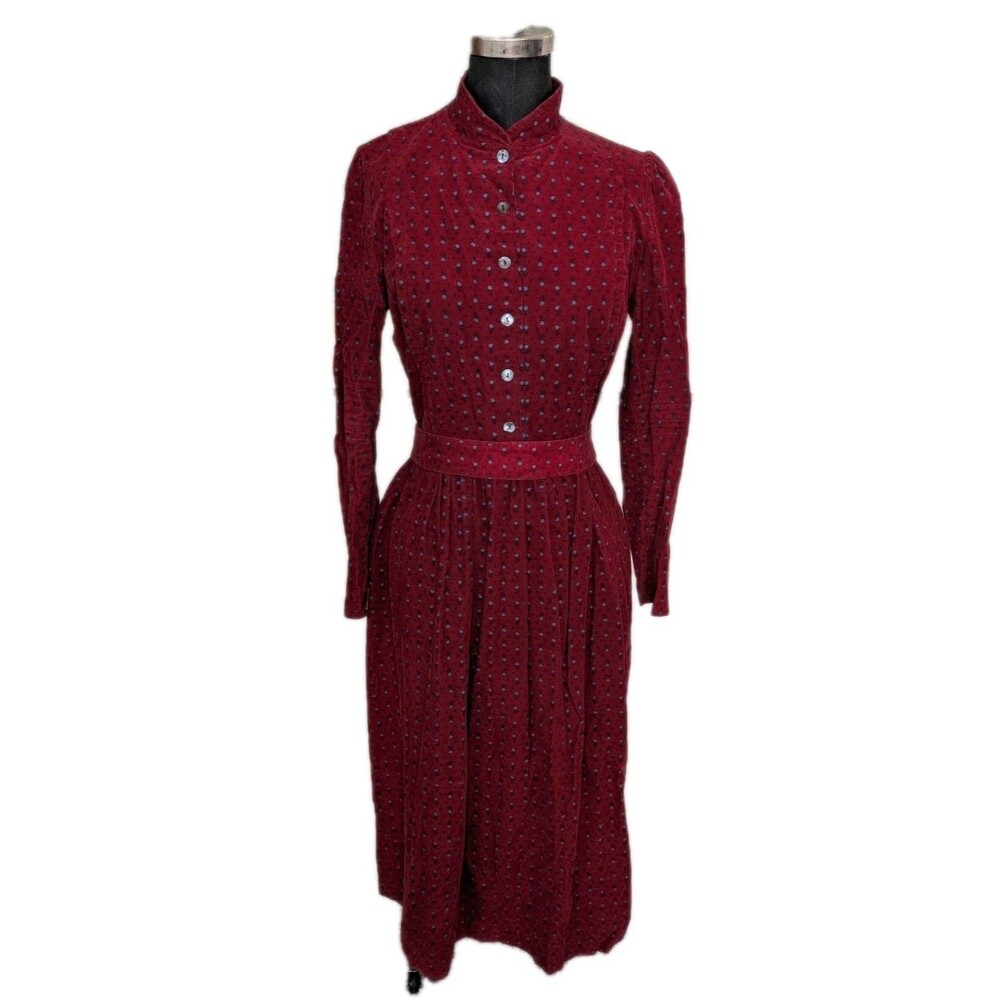 EUC Vintage Laura Ashley Modest Red & Blue Floral Corduroy Midi Dress US Size 10